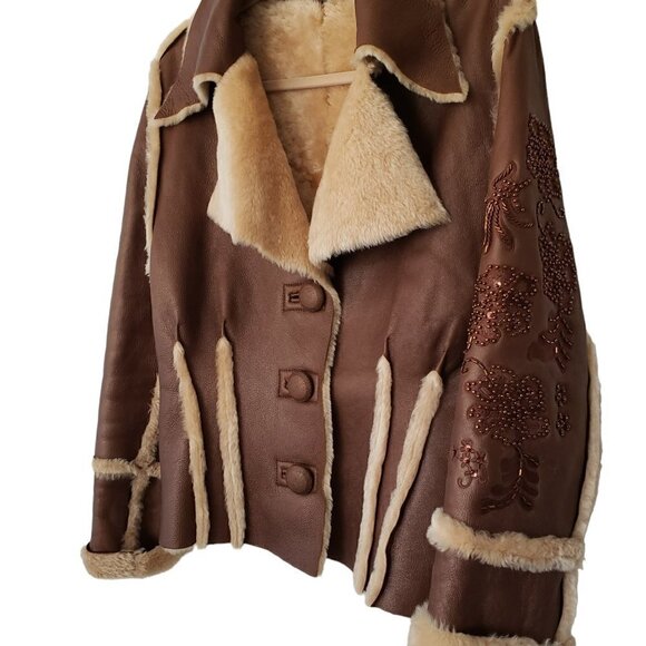 Vintage Faux Leather Fur Shearling Jacket With Beaded Embroidered Sleeve - Picture 5 of 7